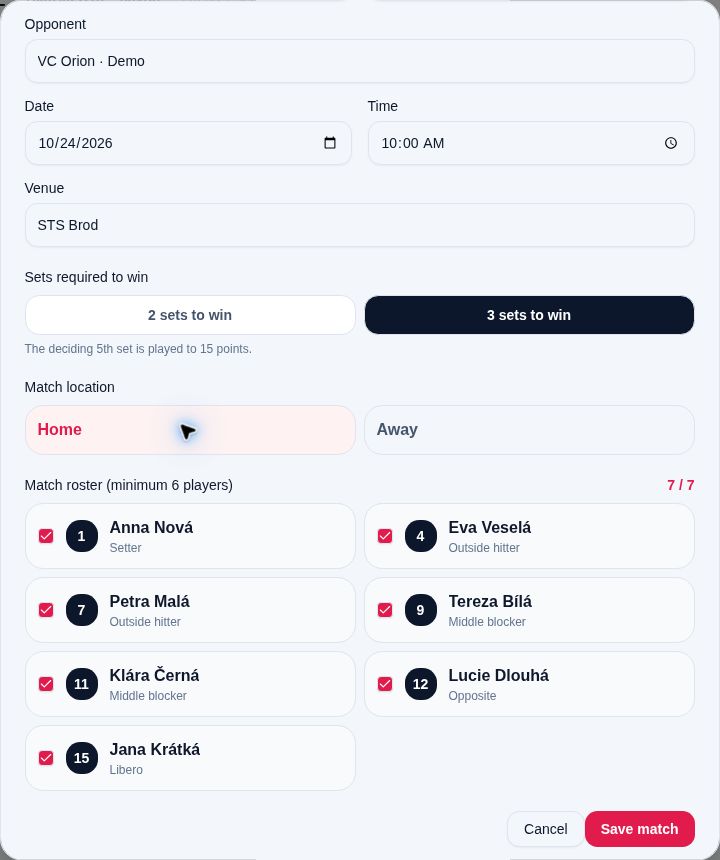 Match preparation and roster · STS Brod